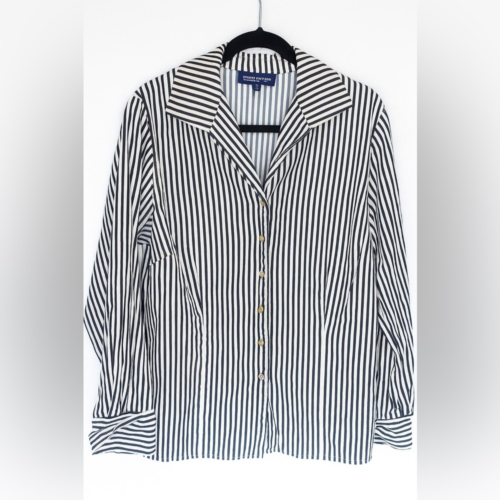 Jones New York Black White Striped Button Front Blouse Size 12 Women’s Classic